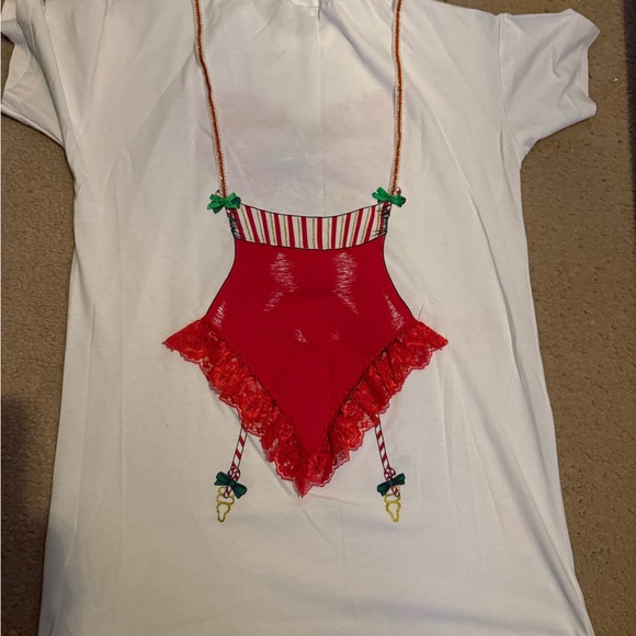 Vintage Festive White T-Shirt Red Lingerie Print, Funny, christmas, Santa, M - Picture 2 of 2